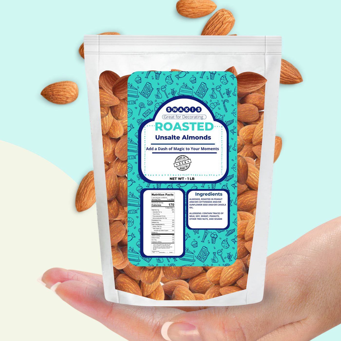 Roasted Unsalted Almonds, Whole almonds (1 lb Bag) by Snakis